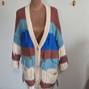 SW5 Umgee Striped Button-Front Cardigan Sz Sm/Md Oversized Fringe Pockets Button